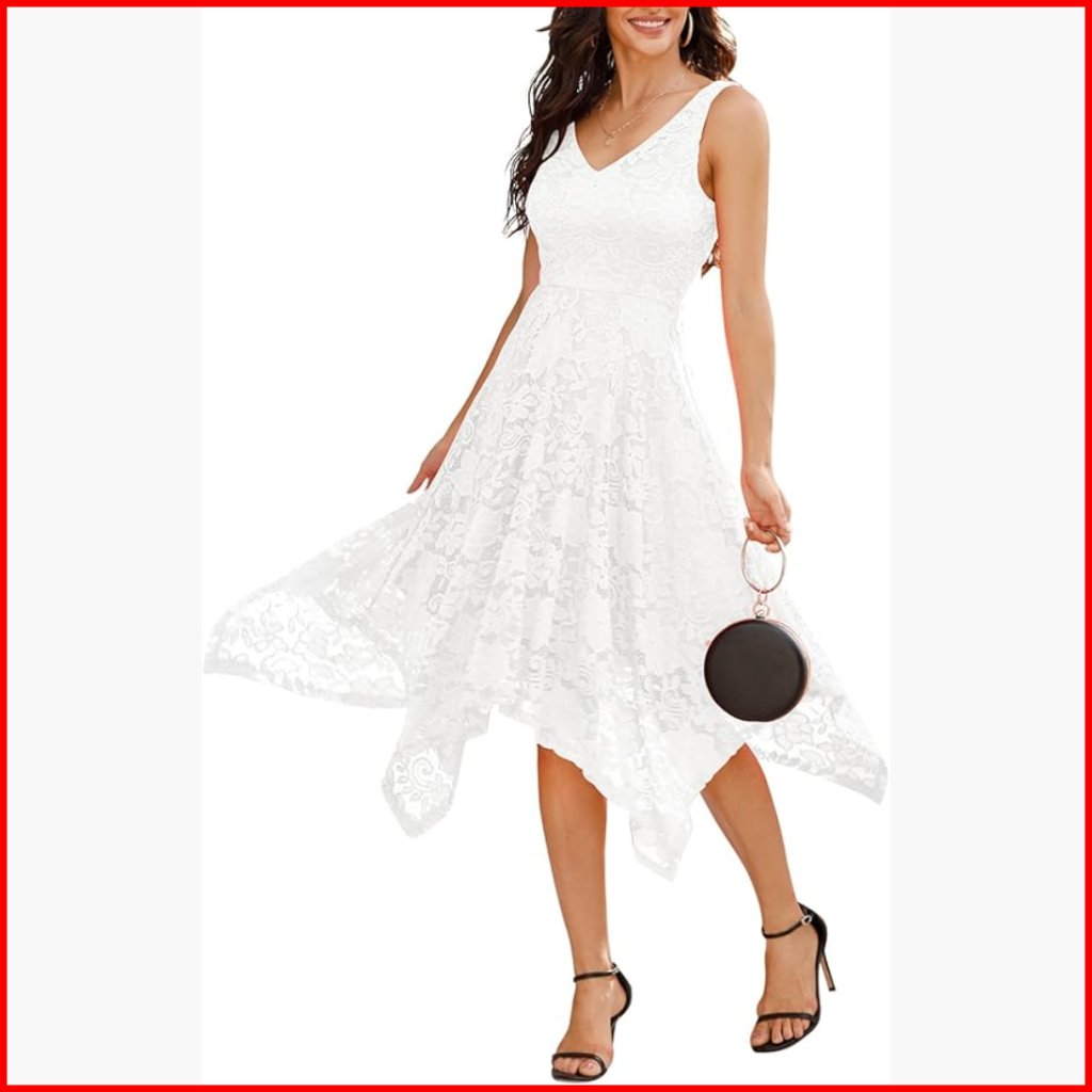 Lace Cocktail Dress Handkerchief Hem V-Neck Sleeveless Formal Wedding Guest
